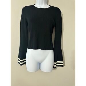 CAARA Black Ribbed Knit Bell Sleeve Sweater Slightly Cropped Top Size S